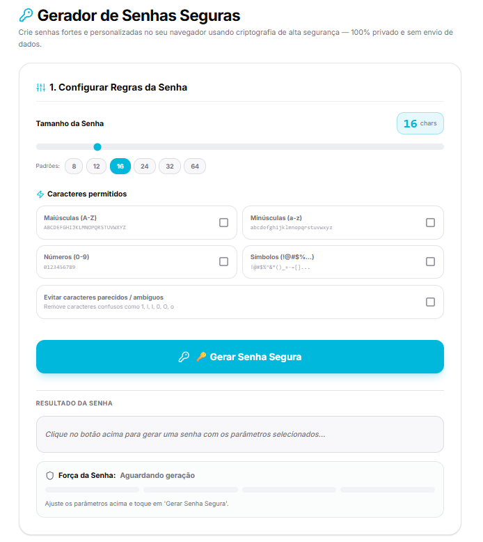 Painel de configurações do Gerador de Senhas Seguras do kitfrm.org