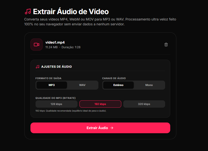Passo 2: Painel de configurações de formato, canais e qualidade