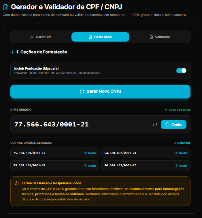 Gerador de CNPJ Válido no kitfrm.org