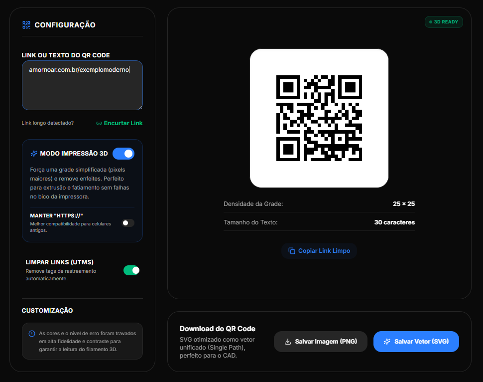 Passo 1: Link longo de 30 caracteres gerando grade 25x25 e botão Encurtar Link